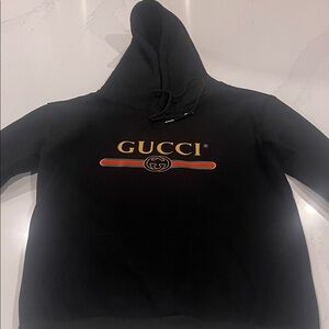 Gucci Black Hoodie with Gold Logo and Green-Red Stripe